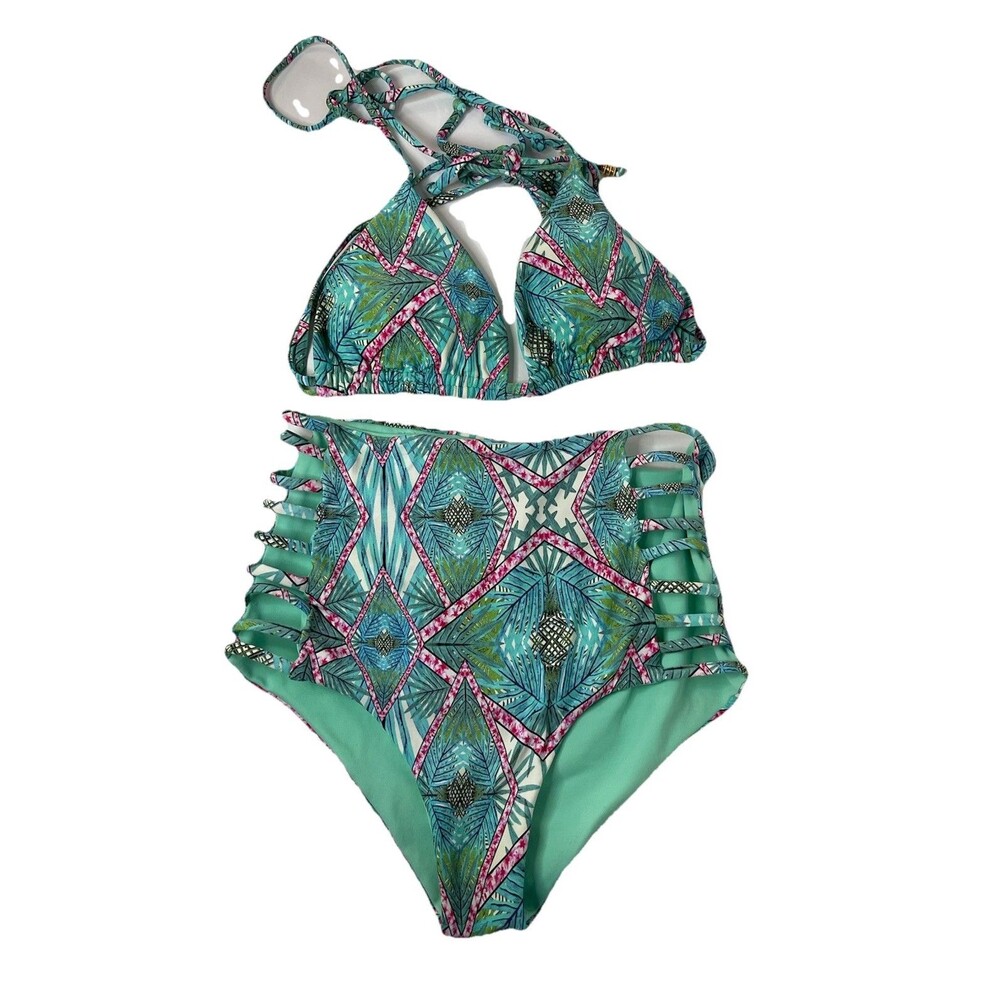 Malai Women's Medium Teal Triangle Halter High Waist Two Piece Swimsuit
